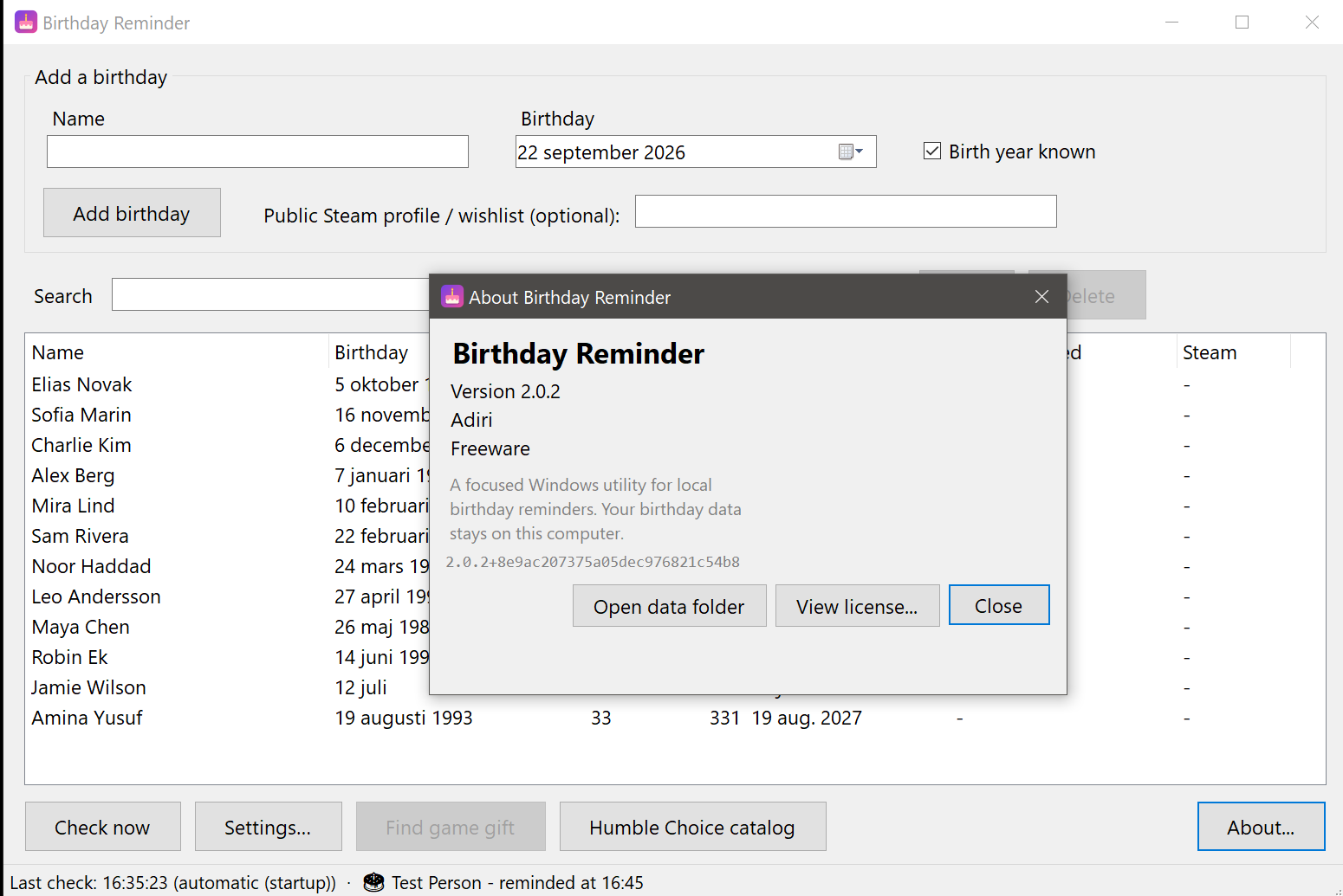 The about box showing Birthday Reminder version 2.0.2 from Dantellian, marked as freeware.