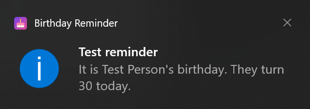 A Windows notification from Birthday Reminder saying it is someone's birthday.
